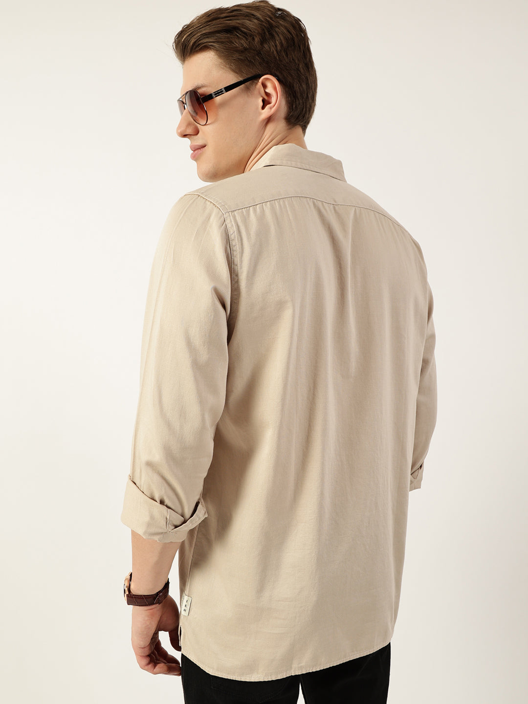 Thomas Scott Men Beige Classic Spread Collar Solid Cotton Casual Shirt