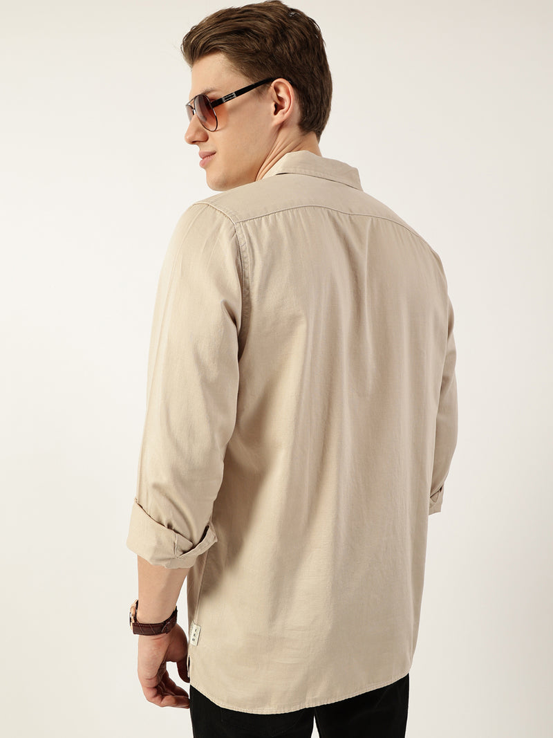 Thomas Scott Men Beige Classic Spread Collar Solid Cotton Casual Shirt