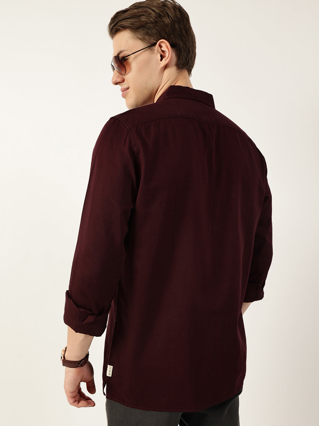 Thomas Scott Men Wine Classic Spread Collar Solid Cotton Casual Shirt