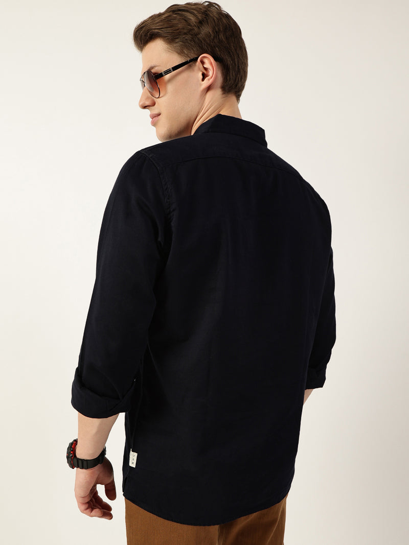 Thomas Scott Men Navy Classic Spread Collar Solid Cotton Casual Shirt