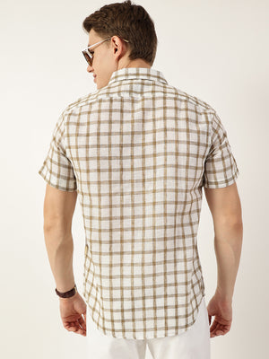 Thomas Scott Men Brown Premium Spread Collar Checked Linen Slim Fit Casual Shirt