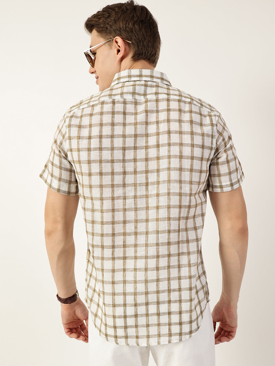 Thomas Scott Men Brown Premium Spread Collar Checked Linen Slim Fit Casual Shirt
