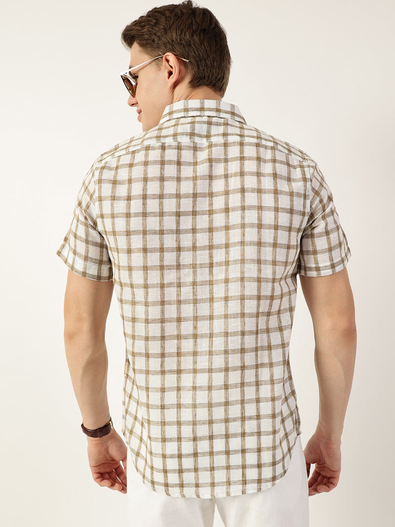 Thomas Scott Men Brown Premium Spread Collar Checked Linen Slim Fit Casual Shirt