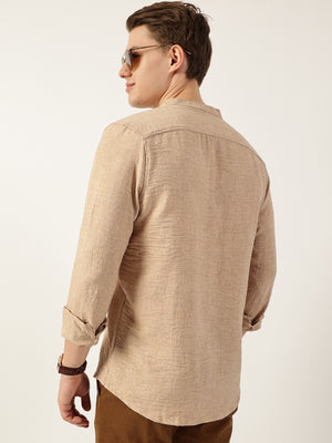 Beige Premium Mandarin Collar Textured Solid Slim Fit Casual Shirt For Men