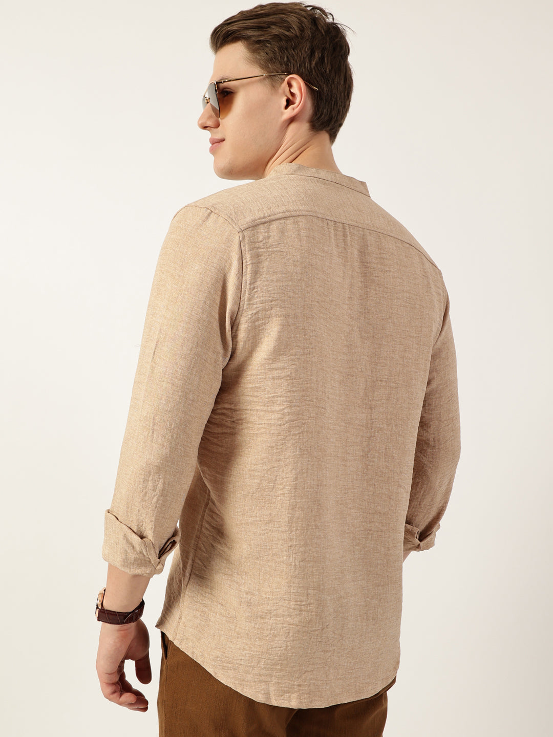 Thomas Scott Men Beige Premium Mandarin Collar Textured Solid Slim Fit Casual Shirt