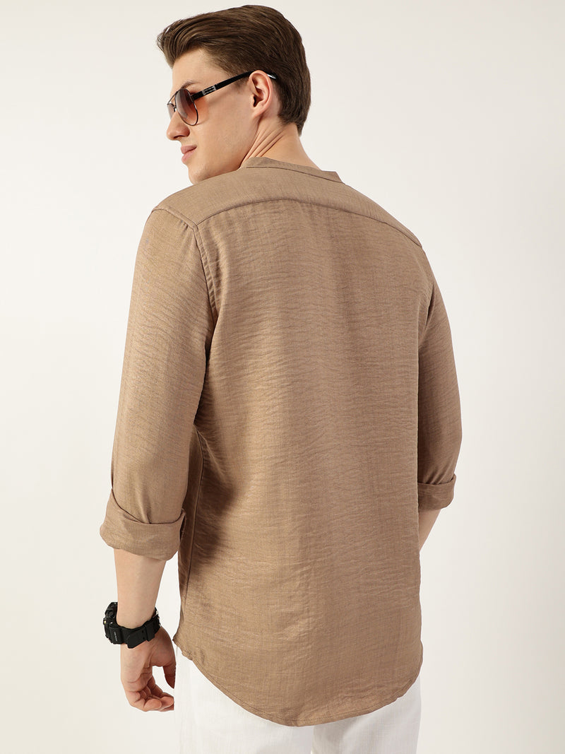 Thomas Scott Men Beige Classic Mandarin Collar Solid Slim Fit Casual Shirt