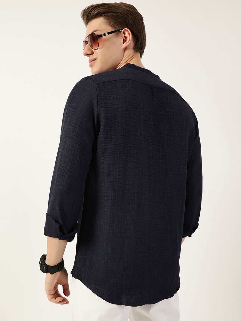 Thomas Scott Men Navy Classic Band Collar Textured Slim Fit Casual Shirt