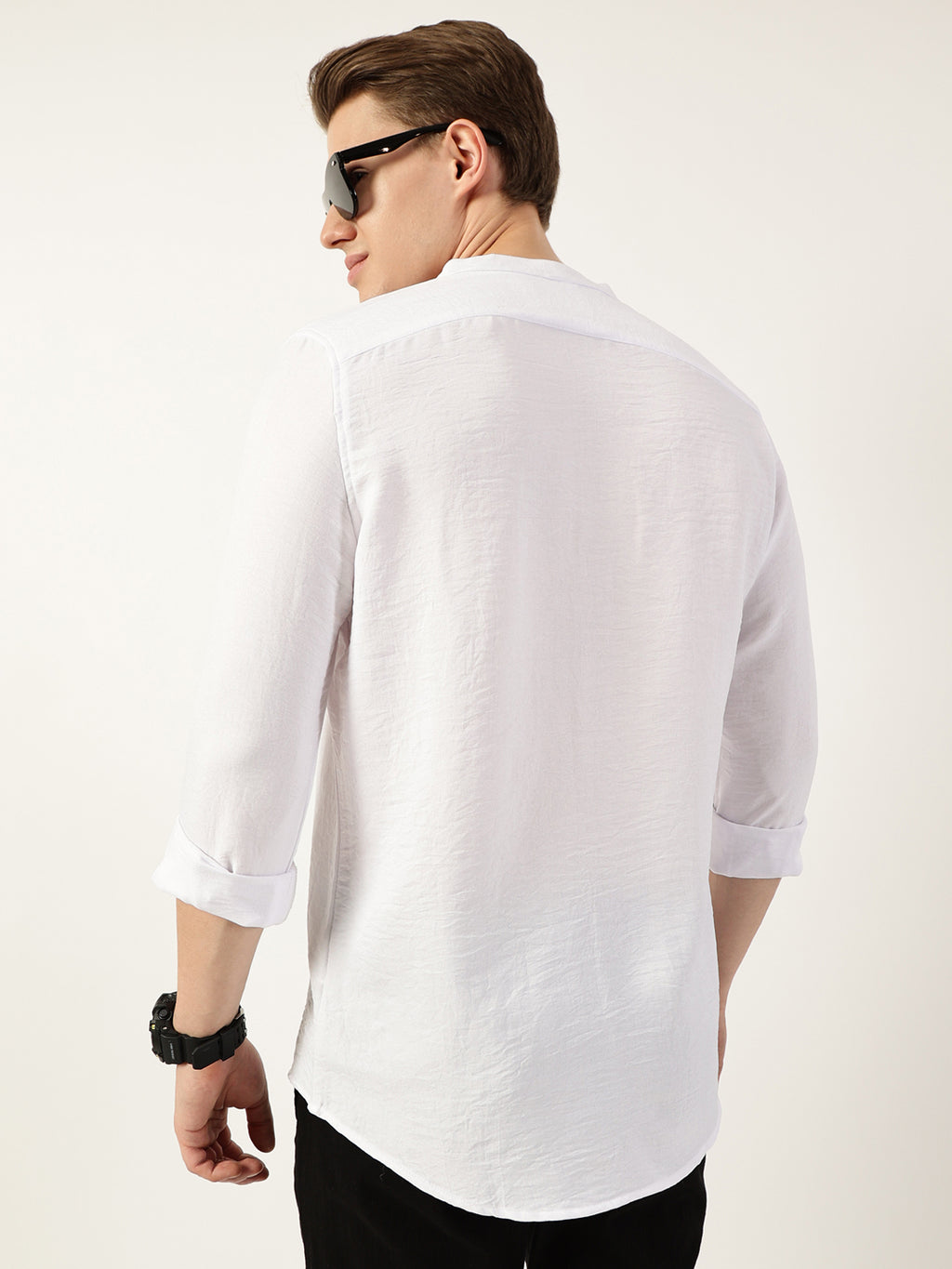 Thomas Scott Men White Classic Mandarin Collar Solid Slim Fit Casual Shirt