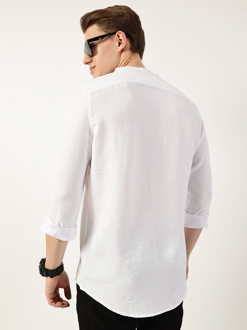 Thomas Scott Men White Classic Mandarin Collar Solid Slim Fit Casual Shirt
