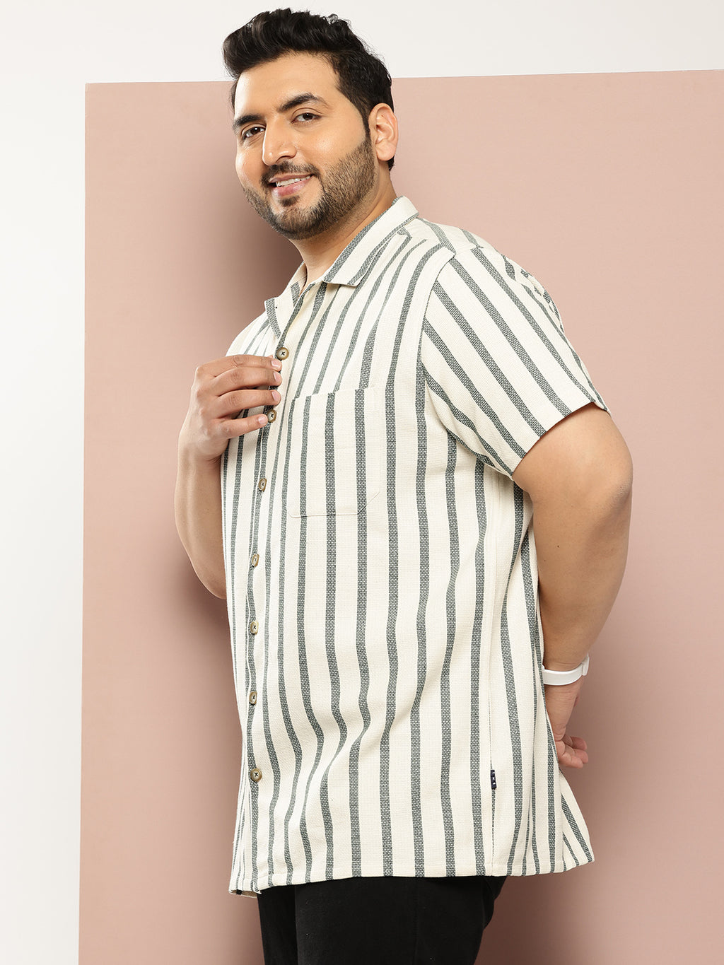 Thomas Scott Men B.Green Plus Size Premium Striped Pure Cotton Casual Shirt