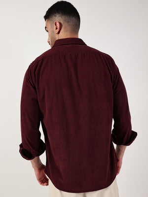Thomas Scott Men Wine Premium Spread Collar Textured Relaxed Fit Casual Shirt