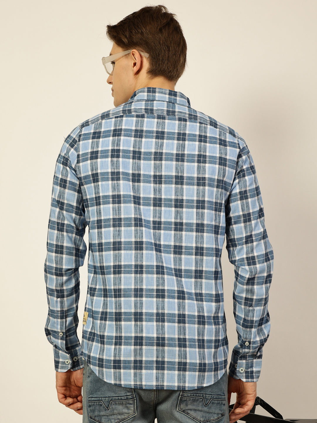 Thomas Scott Men Blue Premium Checked Linen Slim Fit Casual Shirt