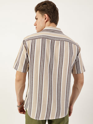 Thomas Scott Men Beige Premium Spread Collar Vertical Striped Cotton Oversized Casual Shirt