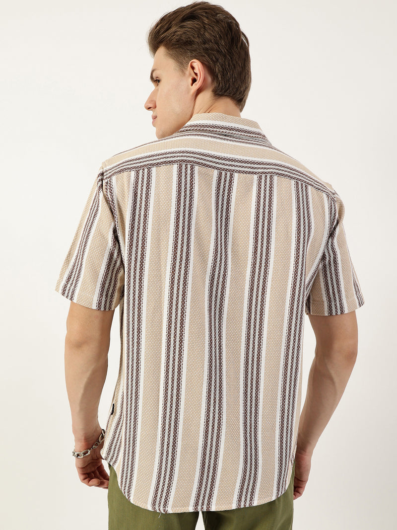Thomas Scott Men Beige Premium Spread Collar Vertical Striped Cotton Oversized Casual Shirt