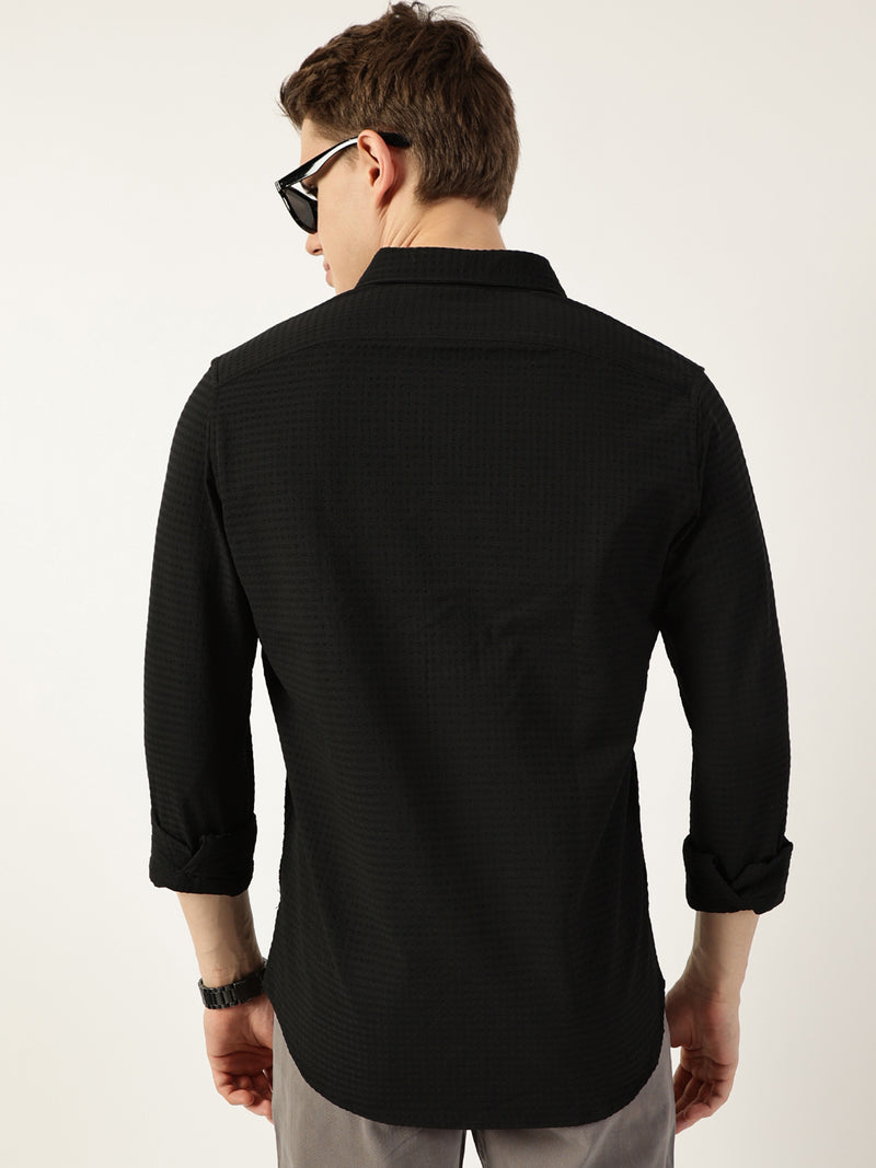 Thomas Scott Men Black Smart Button-Down Collar Textured Solid Slim Fit Casual Shirt