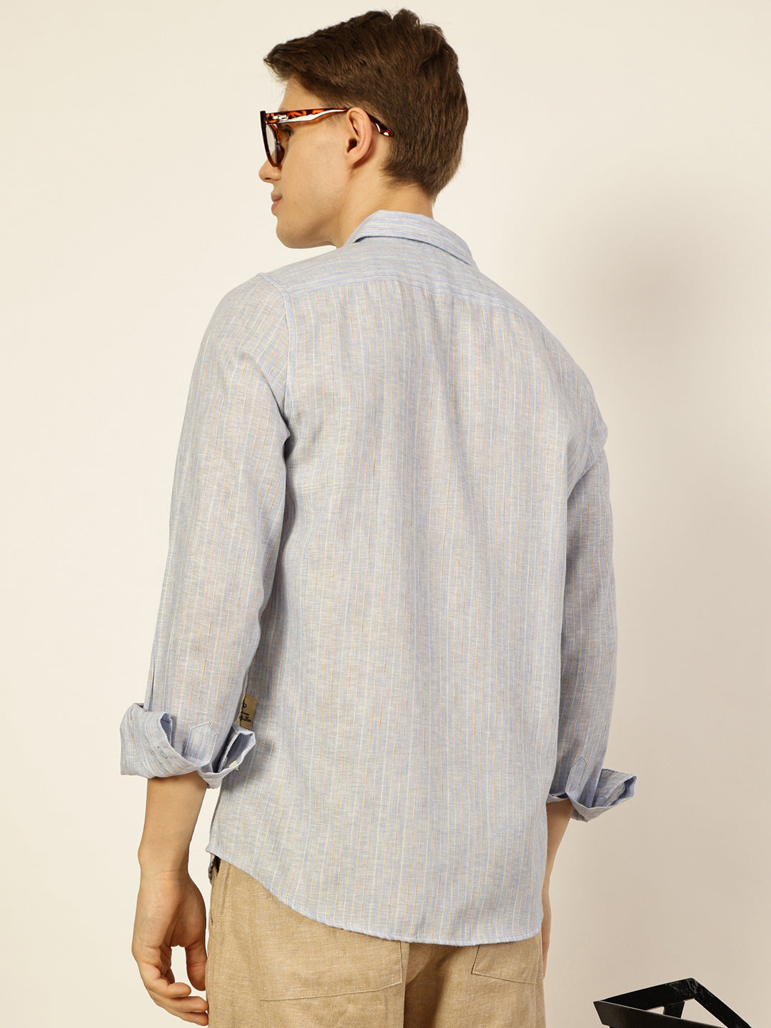 Thomas Scott Men Sky Blue Premium Striped Linen Slim Fit Casual Shirt