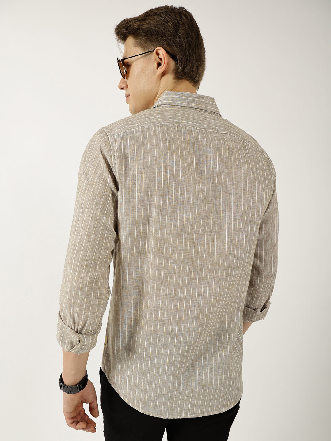 Thomas Scott Men Khaki Classic Slim Fit Opaque Striped Casual Shirt