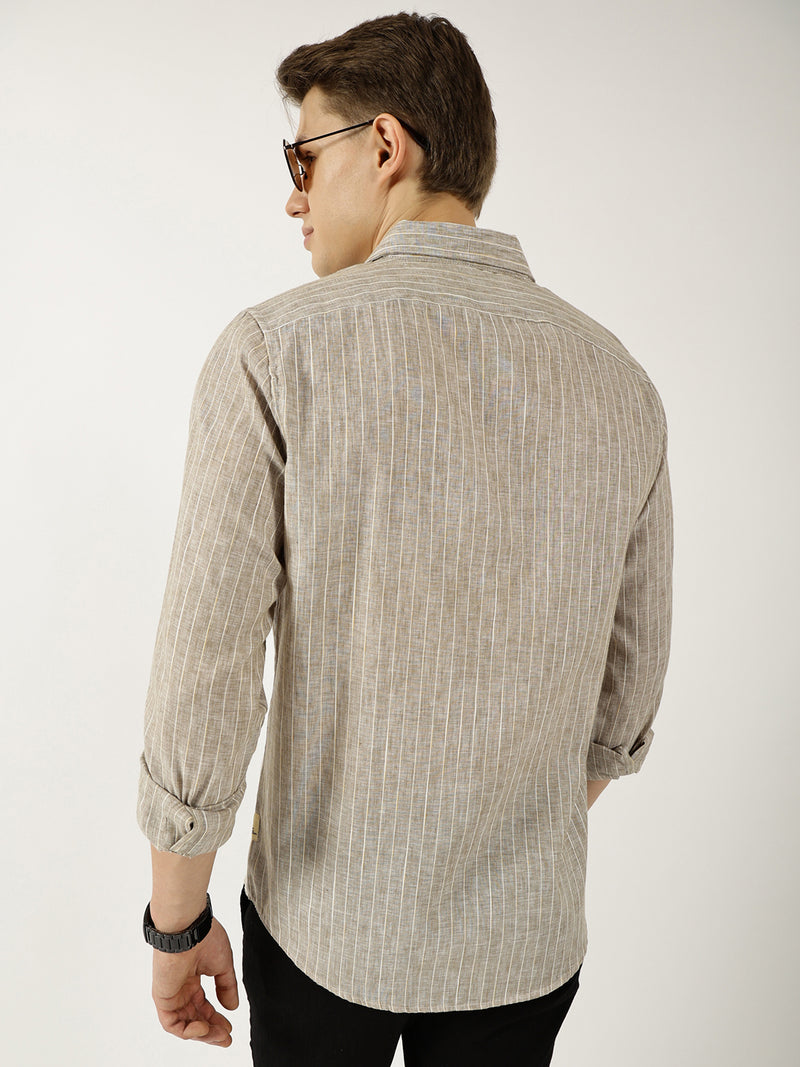 Thomas Scott Men Khaki Classic Slim Fit Opaque Striped Casual Shirt