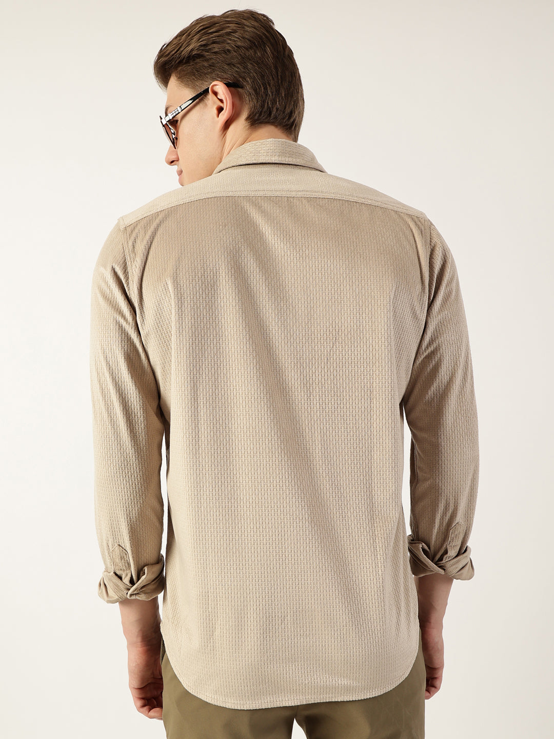 Thomas Scott Men Beige Classic Spread Collar Textured Solid Slim Fit Casual Shirt