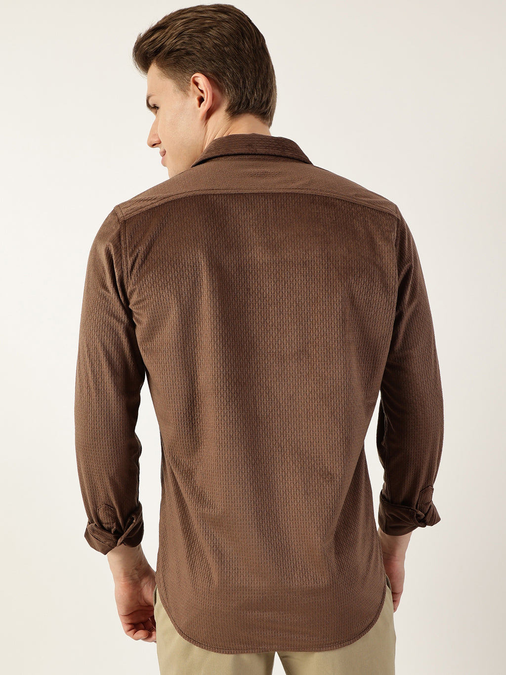 Thomas Scott Men Brown Classic Spread Collar Textured Solid Slim Fit Casual Shirt