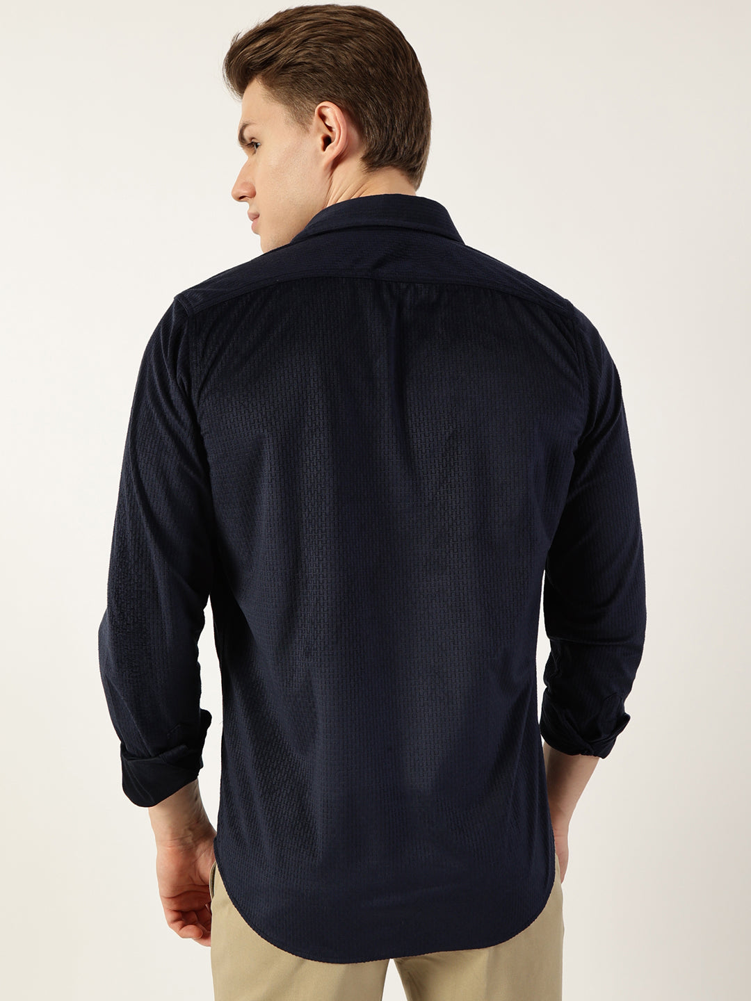 Thomas Scott Men Navy Classic Spread Collar Textured Slim Fit Casual Shirt
