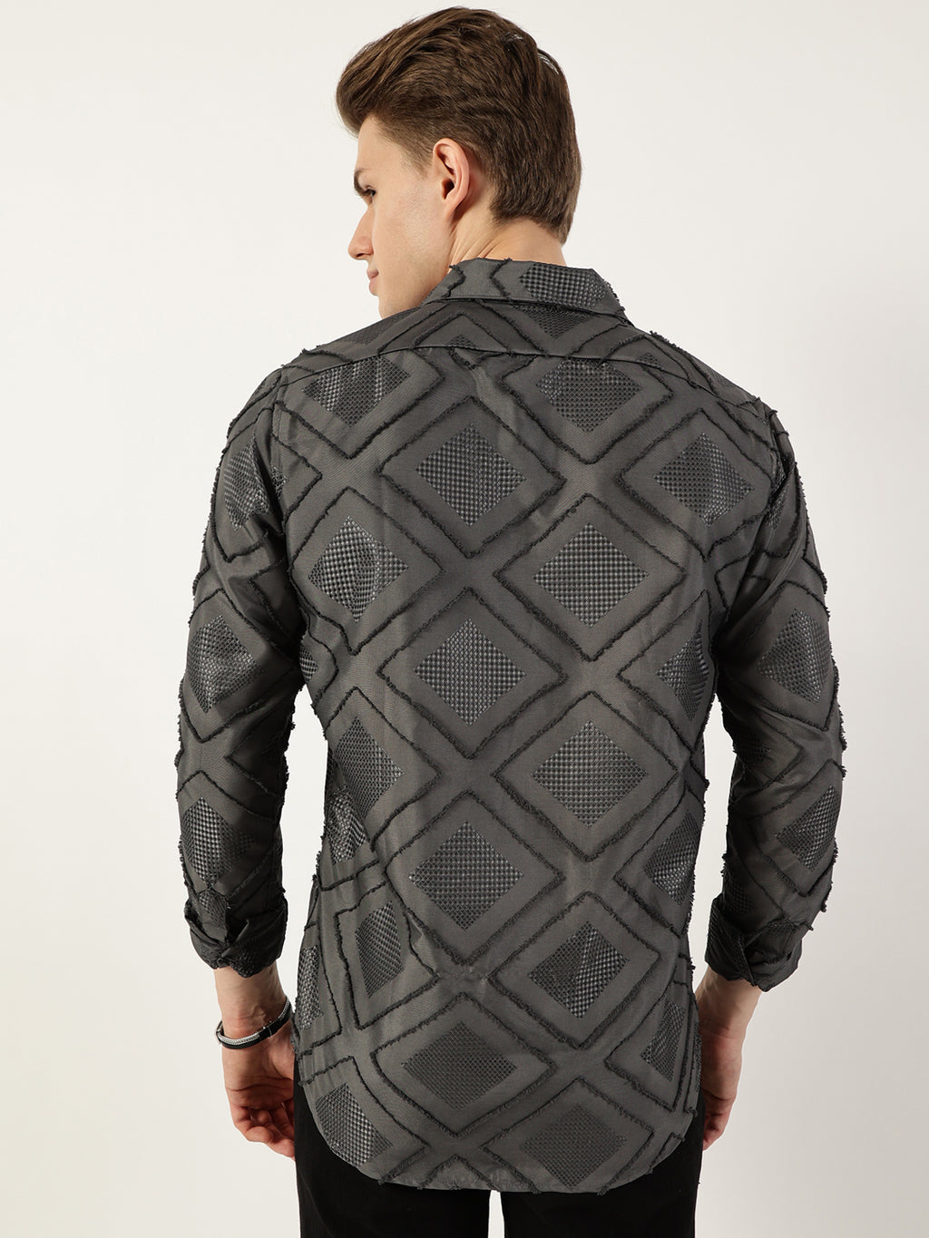 Thomas Scott Men Grey Premium Spread Collar Graphic Printed Slim Fit Casual Shirt