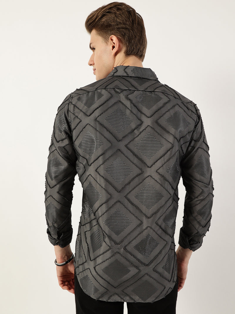Thomas Scott Men Grey Premium Spread Collar Graphic Printed Slim Fit Casual Shirt