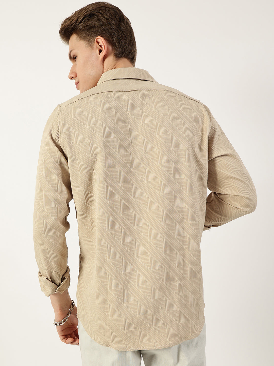Thomas Scott Men Beige Premium Spread Collar Textured Solid Slim Fit Casual Shirt