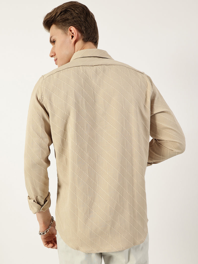 Thomas Scott Men Beige Premium Spread Collar Textured Solid Slim Fit Casual Shirt