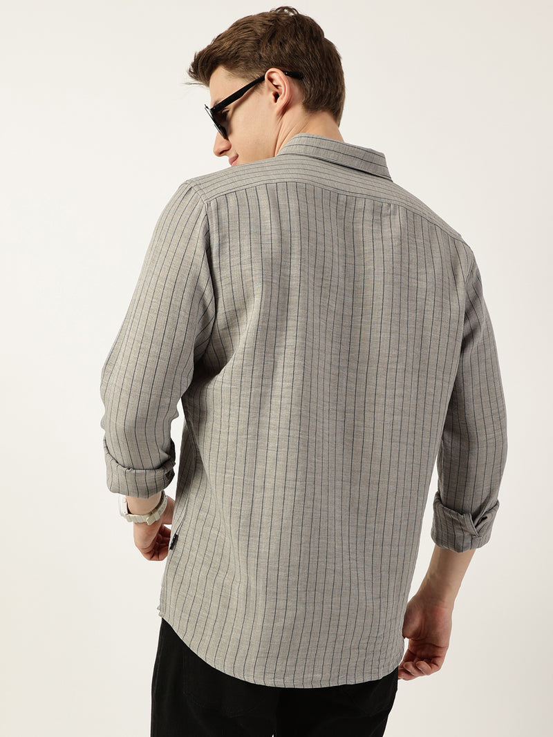 Thomas Scott Men Grey Premium Spread Collar Vertical Striped Slim Fit Casual Shirt