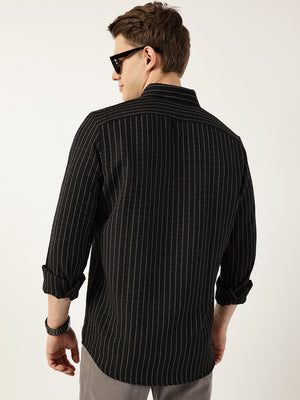 Black Premium Spread Collar Vertical Striped Slim Fit Casual Shirt For Men