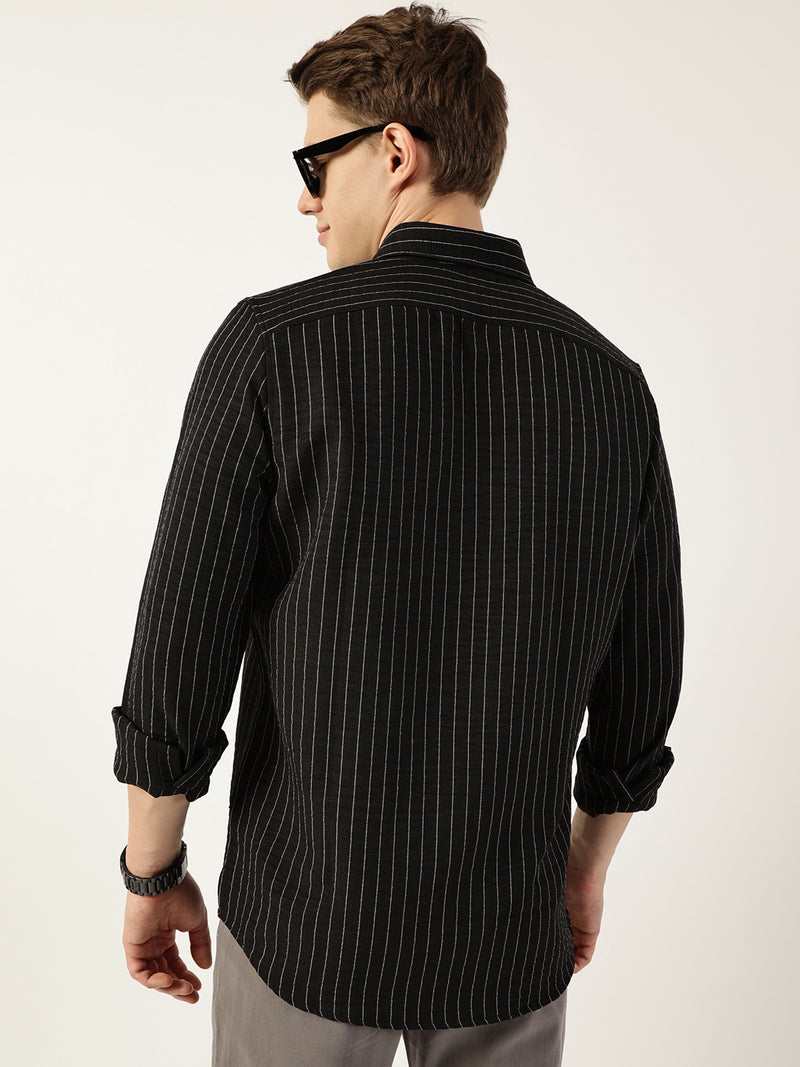 Thomas Scott Men Black Premium Spread Collar Vertical Striped Slim Fit Casual Shirt