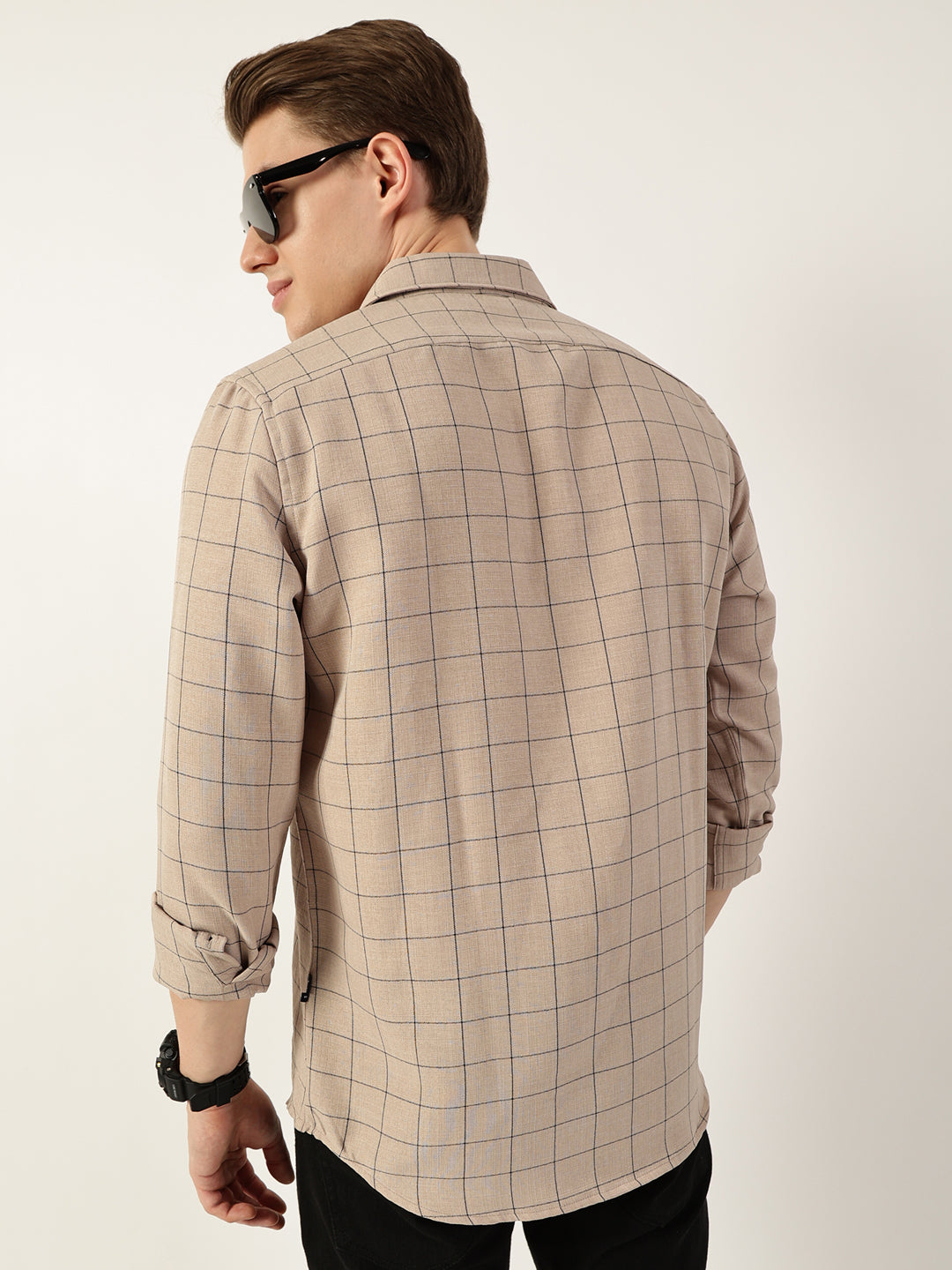 Thomas Scott Men Beige Smart Spread Collar Windowpane Checked Slim Fit Casual Shirt