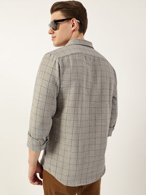 Thomas Scott Men Grey Smart Spread Collar Windowpane Checked Slim Fit Casual Shirt