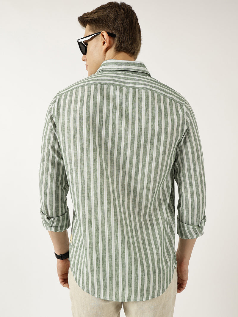 Thomas Scott Men Green Classic Slim Fit Opaque Striped Casual Shirt