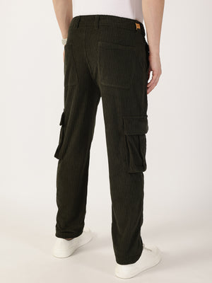 Thomas Scott Men Olive Striped Smart Cargos Trousers