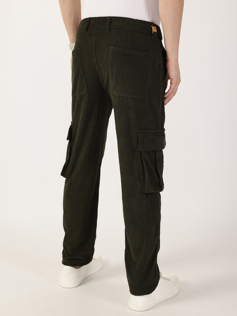 Thomas Scott Men Olive Striped Smart Cargos Trousers