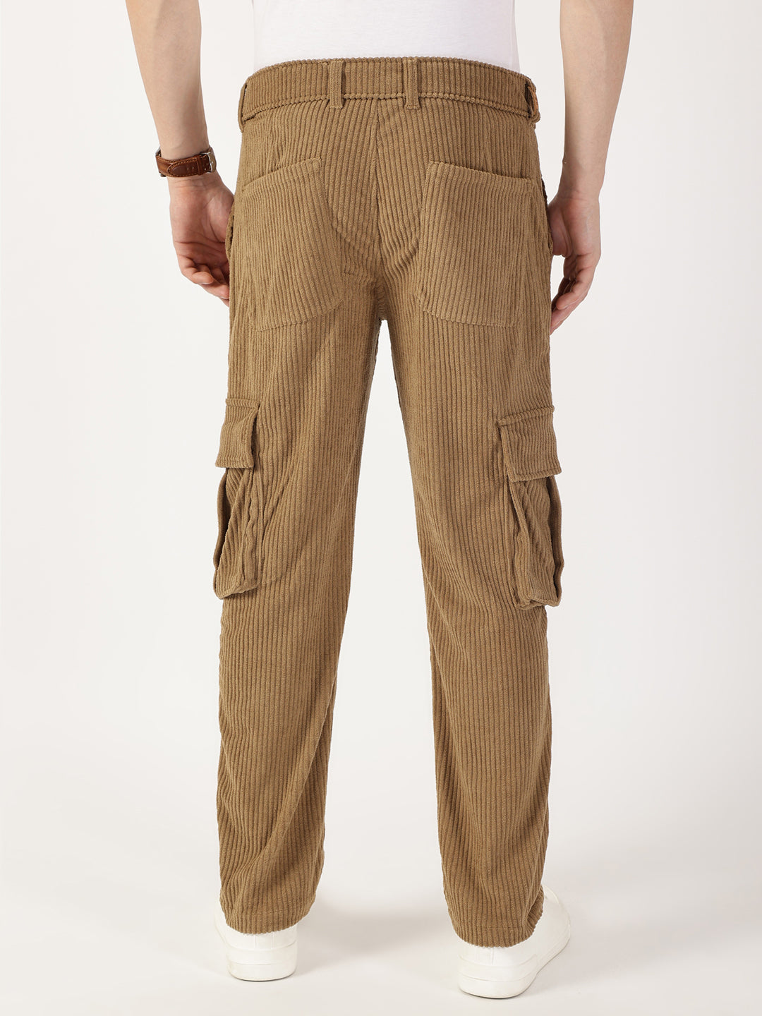 Thomas Scott Men Khaki Striped Smart Cargos Trousers