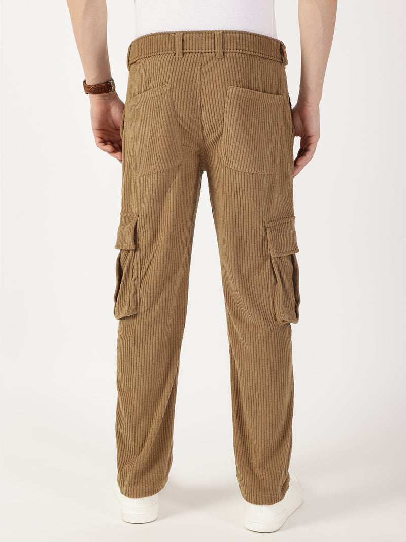 Thomas Scott Men Khaki Striped Smart Cargos Trousers