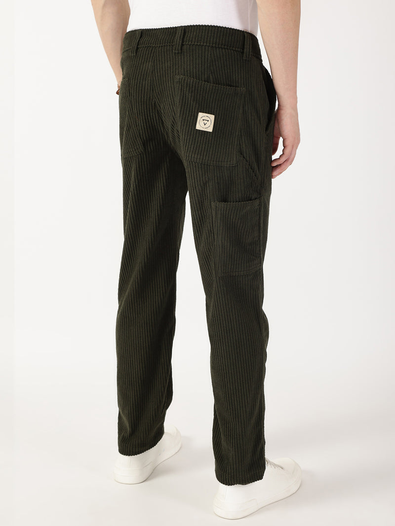 Thomas Scott Men Olive Striped Smart Cargos Trousers