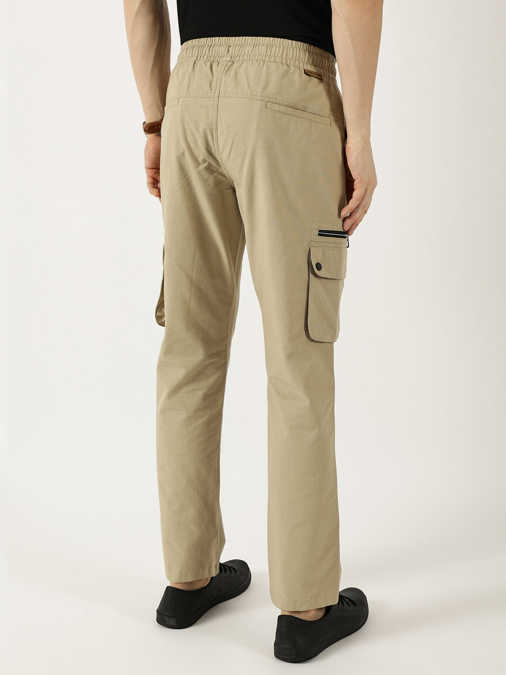 Thomas Scott Men Khaki Pure Cotton Smart Mid-Rise Straight Fit Easy Wash Cargos