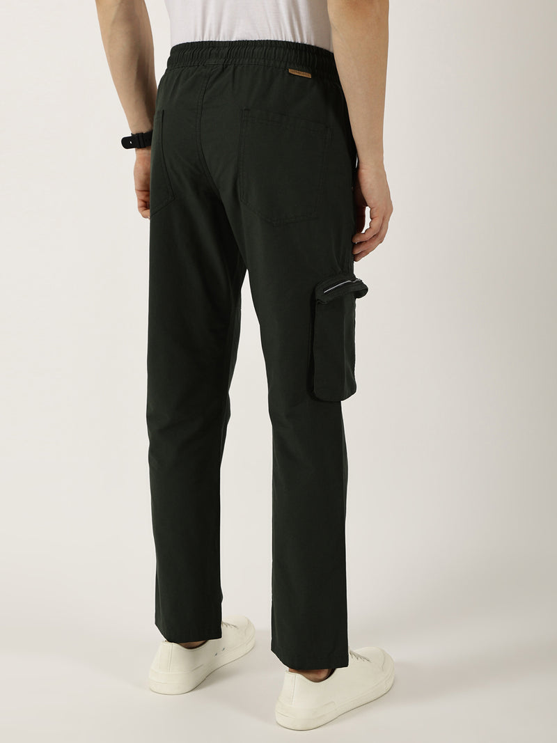 Thomas Scott Men BottleGreen Smart Fit Mid-Rise Cotton Cargos Trousers