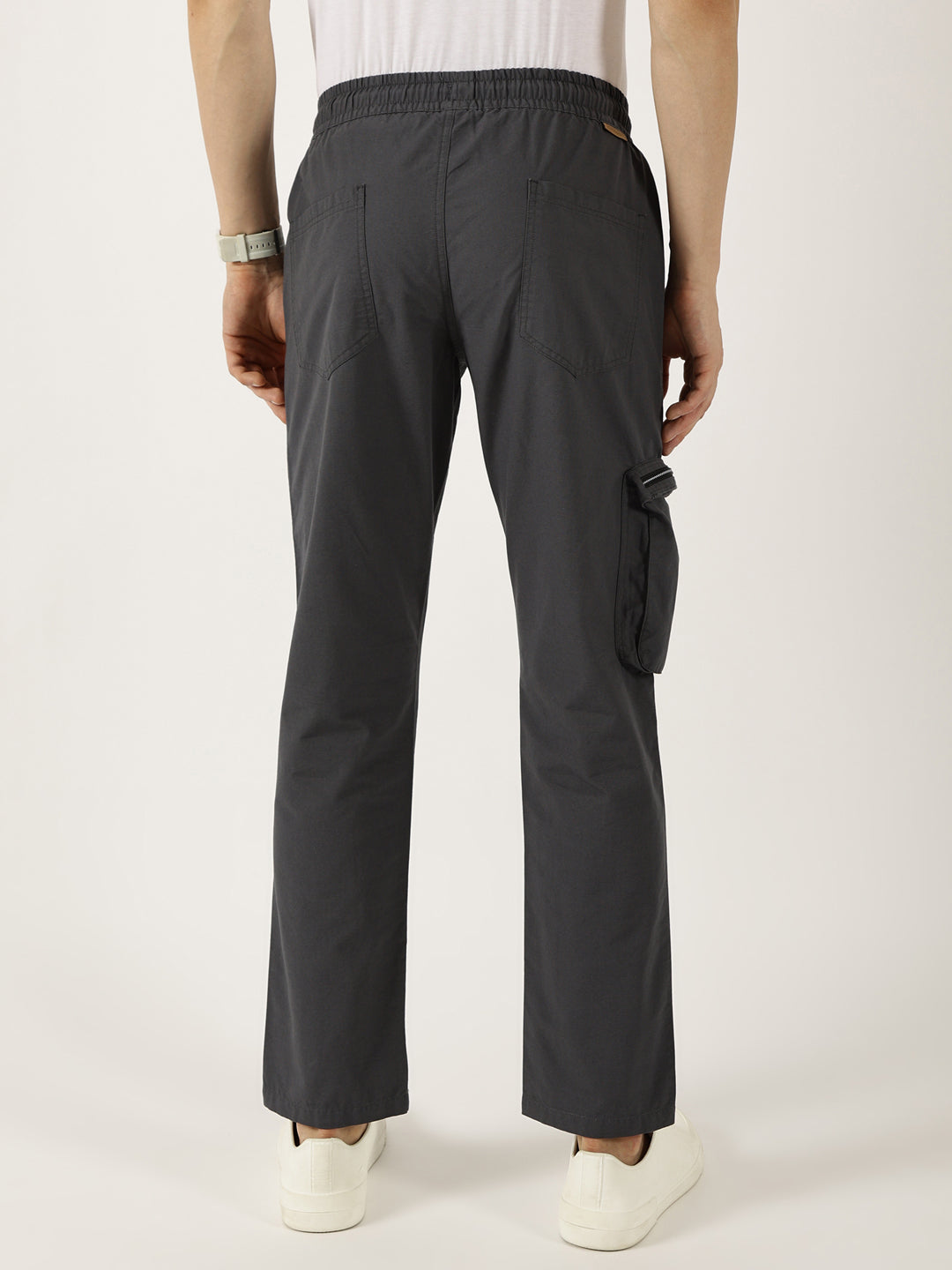 Thomas Scott Men Grey Cotton Regular Fit Smart Easy Wash Cargos Trousers