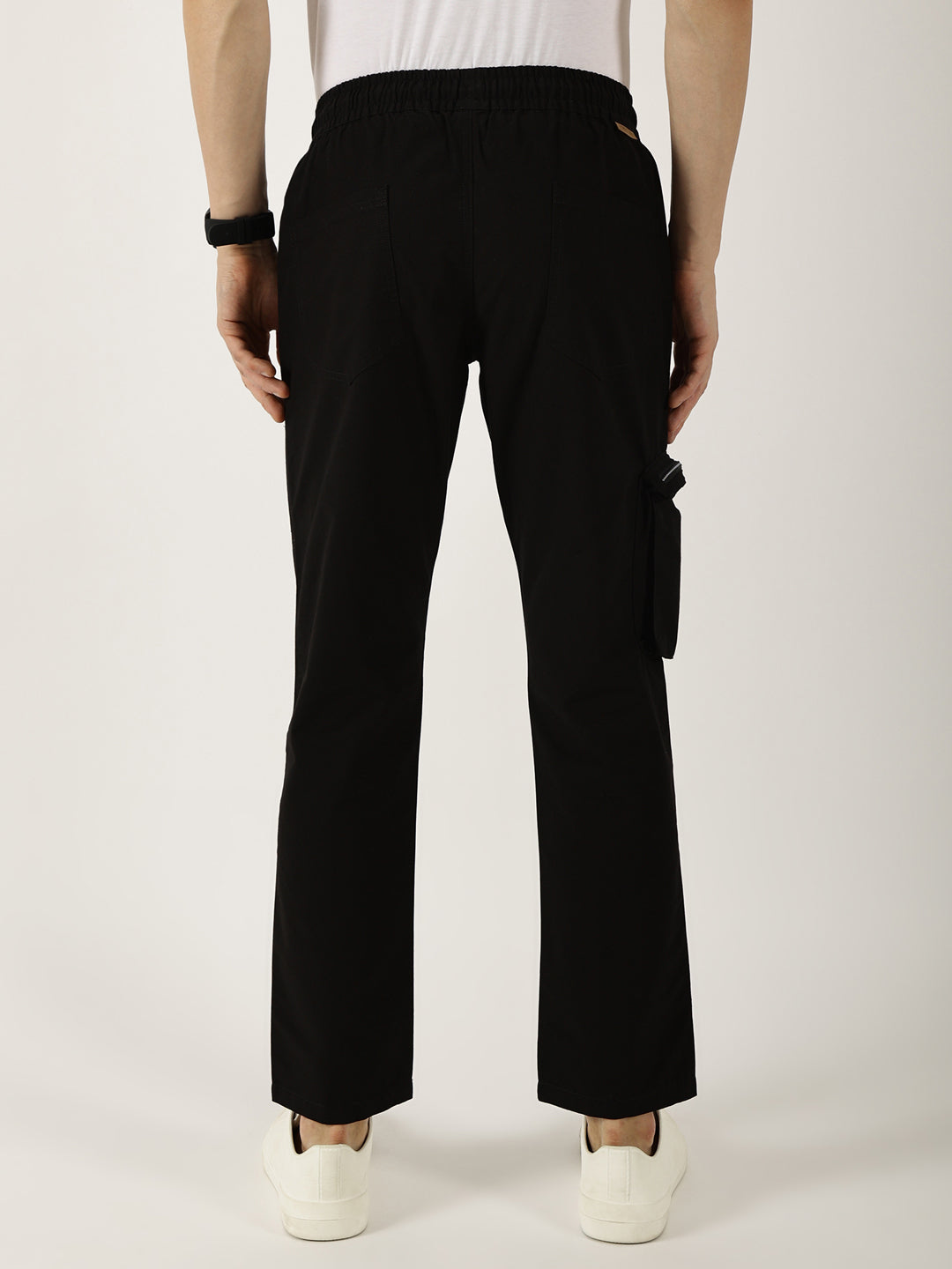 Black Cotton Solid Smart Easy Wash Cargo Trousers