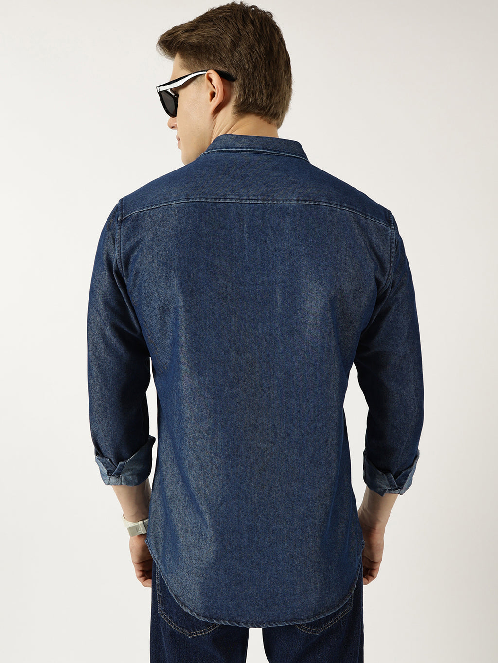 Thomas Scott Men Indigo Classic Spread Collar Faded Cotton Slim Fit Casual Shirt