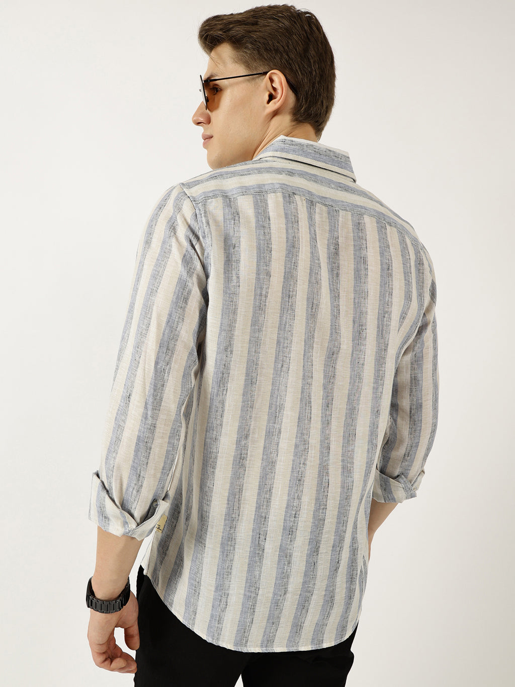 Thomas Scott Men Navy Classic Spread Collar Vertical Striped Linen Slim Fit Casual Shirt
