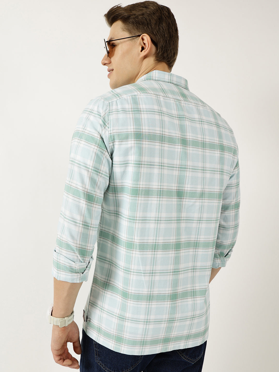 Thomas Scott Men Green Classic Spread Collar Tartan Checked Cotton Slim Fit Casual Shirt