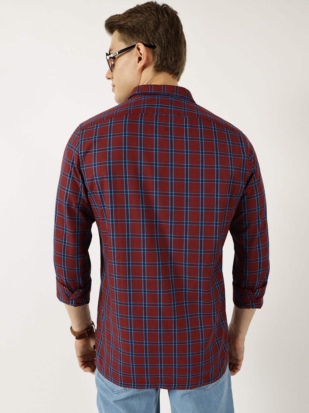 Thomas Scott Men Marron Classic Spread Collar Windowpane Checked Cotton Slim Fit Casual Shirt