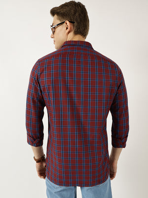 Thomas Scott Men Marron Classic Spread Collar Windowpane Checked Cotton Slim Fit Casual Shirt