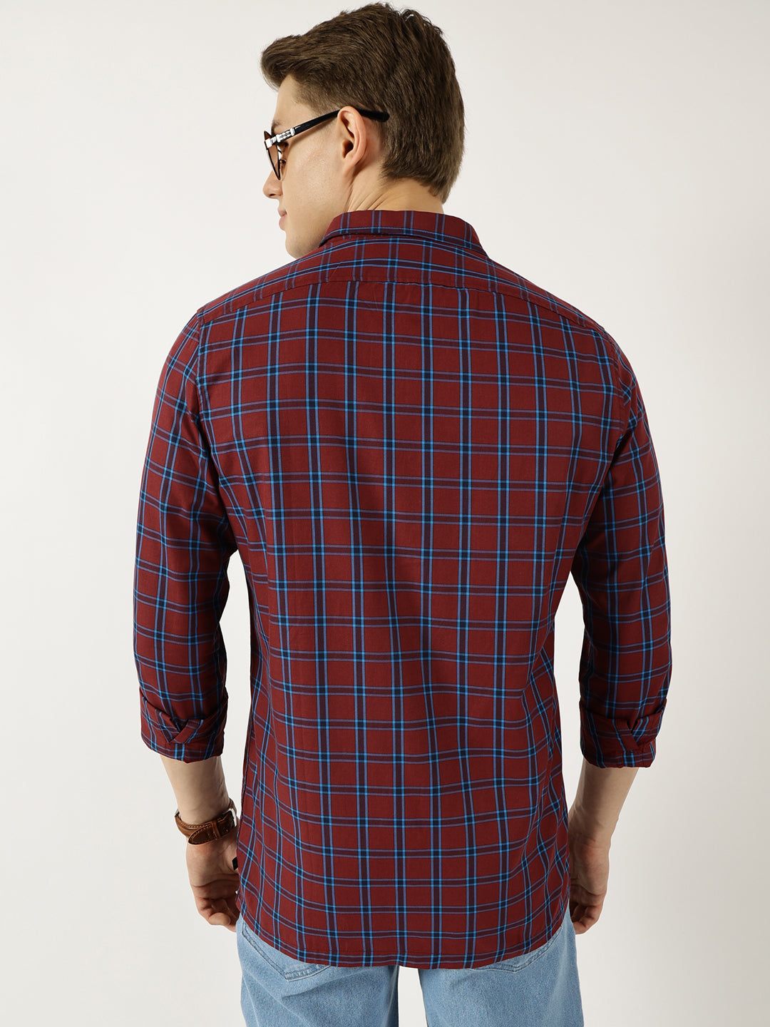 Thomas Scott Men Marron Classic Spread Collar Windowpane Checked Cotton Slim Fit Casual Shirt